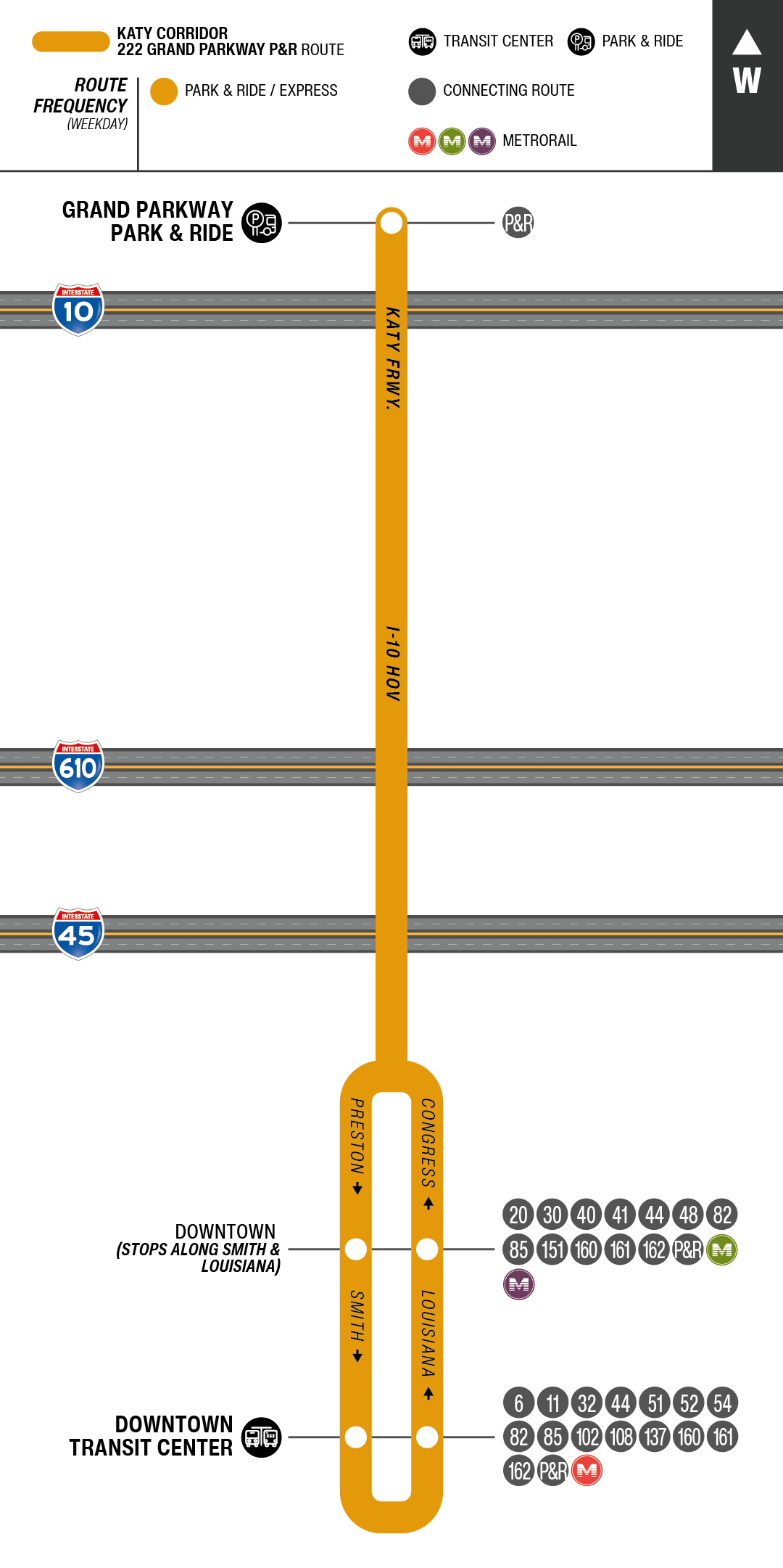 Route map for 222 Grand Parkway Park & Ride bus